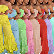 Sexy Strapless Crop Top and Ruffled Wide-Leg Pants Two-Piece Set HANI-311