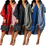 Casual Loose-Fit Color-Blocked Patchwork Drawstring Asymmetrical Long-Sleeve Shirt Dress HANI-YF006