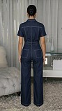 Casual Short-Sleeve Collared Button-Down Denim Jumpsuit With Belt OSM-4501