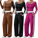 Casual Color-Block High-Stretch Long-Sleeve Top & Loose Wide-Leg Pants Set HANI-MC003