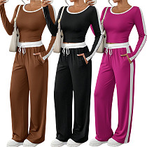 Casual Color-Block High-Stretch Long-Sleeve Top & Loose Wide-Leg Pants Set HANI-MC003
