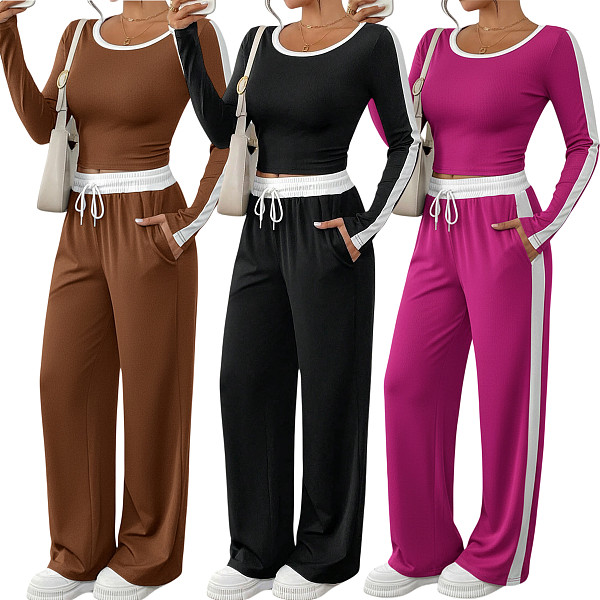 Casual Color-Block High-Stretch Long-Sleeve Top & Loose Wide-Leg Pants Set HANI-MC003