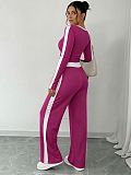 Casual Color-Block High-Stretch Long-Sleeve Top & Loose Wide-Leg Pants Set HANI-MC003