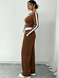 Casual Color-Block High-Stretch Long-Sleeve Top & Loose Wide-Leg Pants Set HANI-MC003