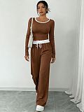 Casual Color-Block High-Stretch Long-Sleeve Top & Loose Wide-Leg Pants Set HANI-MC003
