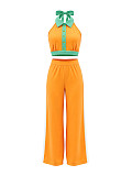 Casual Two-Tone Halter-Neck Backless Top & High-Waisted Wide-Leg Pants Two-Piece Set HANI-ZM025