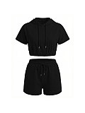 Casual Solid-Color Two-Piece Set Short-Sleeve Hoodie & Drawstring Shorts HANI-GY309