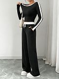 Casual Color-Block High-Stretch Long-Sleeve Top & Loose Wide-Leg Pants Set HANI-MC003