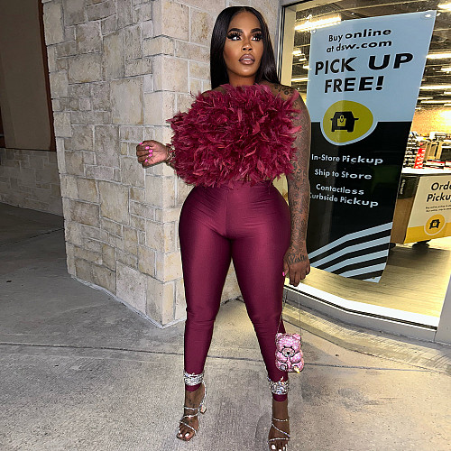 2026 Turkey Feather V-neck One-Side Backless Elastic Long Pants Set YNS-8025