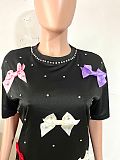 2026 Bowknot Patchwork Short-Sleeve Round Neck T-shirt+Beaded Shorts Set YNS-8026