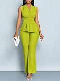 New V-Neck Sleeveless Wide-Leg Pant Set Waist-Cinching & Slimming Design with Pleated Details HANI-YF179