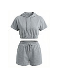 Casual Solid-Color Two-Piece Set Short-Sleeve Hoodie & Drawstring Shorts HANI-GY309