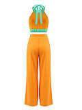 Casual Two-Tone Halter-Neck Backless Top & High-Waisted Wide-Leg Pants Two-Piece Set HANI-ZM025
