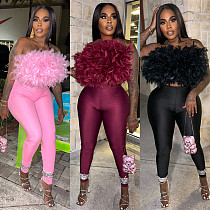 2026 Turkey Feather V-neck One-Side Backless Elastic Long Pants Set YNS-8025