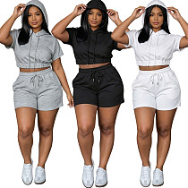 Casual Solid-Color Two-Piece Set Short-Sleeve Hoodie & Drawstring Shorts HANI-GY309