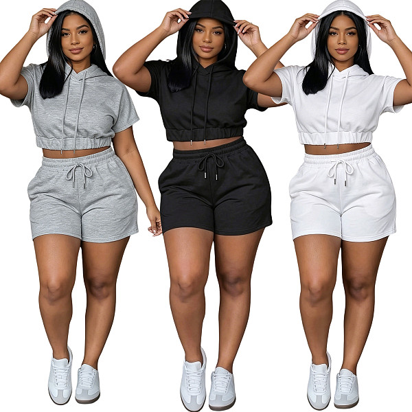 Casual Solid-Color Two-Piece Set Short-Sleeve Hoodie & Drawstring Shorts HANI-GY309