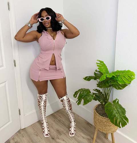 Casual Sleeveless Top Pencil Double Zipper Skirt Set TR-1366