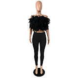 2026 Turkey Feather V-neck One-Side Backless Elastic Long Pants Set YNS-8025