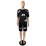 2026 Bowknot Patchwork Short-Sleeve Round Neck T-shirt+Beaded Shorts Set YNS-8026