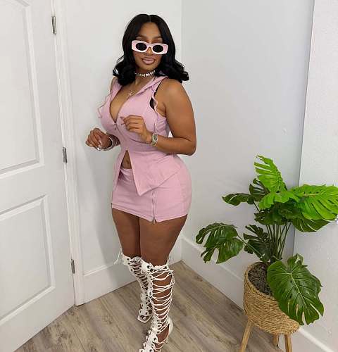 Casual Sleeveless Top Pencil Double Zipper Skirt Set TR-1366