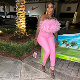 2026 Turkey Feather V-neck One-Side Backless Elastic Long Pants Set YNS-8025