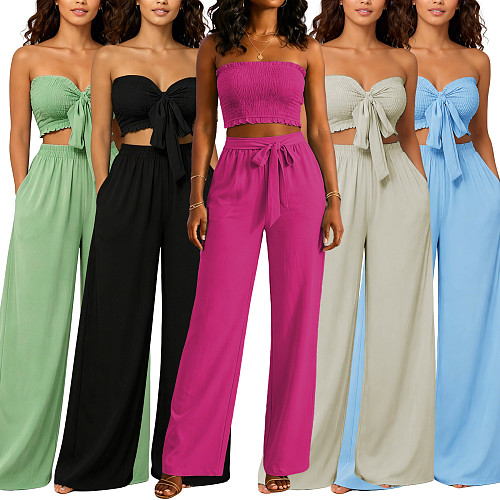 Sexy Strapless Top & High-Waisted Tie-Waist Wide-Leg Pants Two-Piece Set HANI-SY035