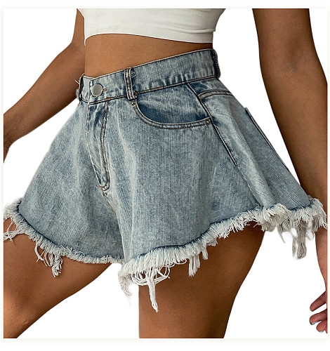 New Style Distressed High-Waisted Loose-Fit Denim Shorts With Fringes FB-6010