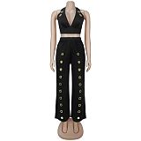 Halter Corn Backless Bra Loose Straight Wide-leg Pants Set BY-7712