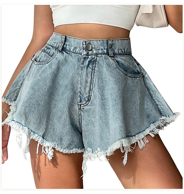 New Style Distressed High-Waisted Loose-Fit Denim Shorts With Fringes FB-6010