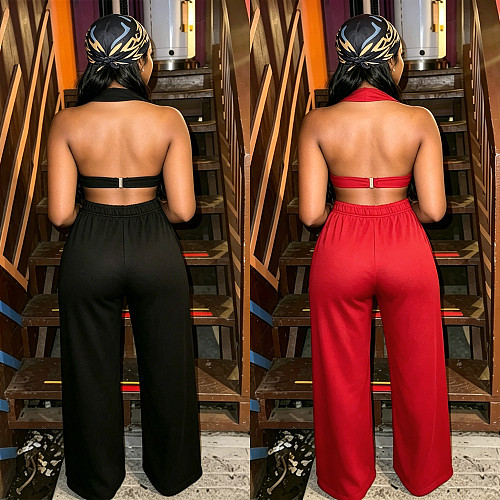 Halter Corn Backless Bra Loose Straight Wide-leg Pants Set BY-7712