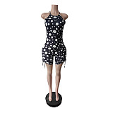 Sleeveless Polka Dot Printed One-piece Pants Elastic Drawstring Romper MEM-88686