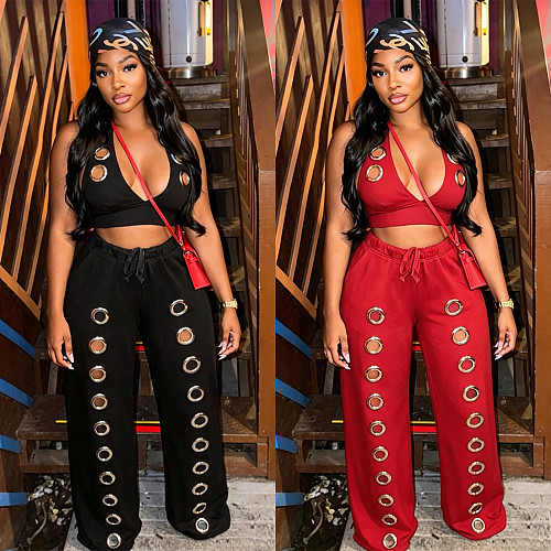 Halter Corn Backless Bra Loose Straight Wide-leg Pants Set BY-7712