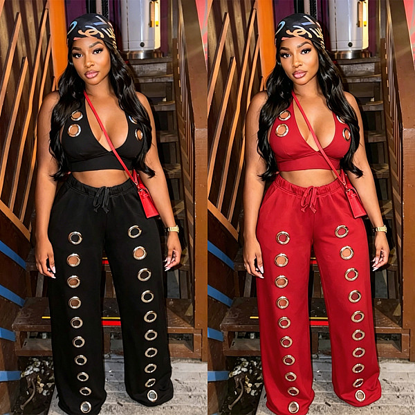 Halter Corn Backless Bra Loose Straight Wide-leg Pants Set BY-7712