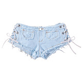 Stylish Low-Rise Denim Booty Shorts With Side Cutouts Lace-Up Detail and Frayed Hem FB-1950