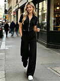 Solid-Color Short-Sleeve & Long-Pant Set With Collared Zip-Up Cardigan SSN-211536