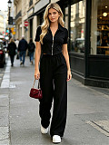 Solid-Color Short-Sleeve & Long-Pant Set With Collared Zip-Up Cardigan SSN-211536