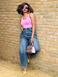 Stylish Washed Straight-Leg Jeans With Elastic Waist and Back Flap Detail RS-60401