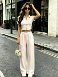 Solid-Color Short-Sleeve & Long-Pant Set With Collared Zip-Up Cardigan SSN-211536