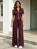Solid-Color Short-Sleeve & Long-Pant Set With Collared Zip-Up Cardigan SSN-211536