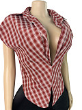 Stylish Plaid Deep V-Neck Lapel Sleeveless Cropped Top With Cinched Waist CH-26017