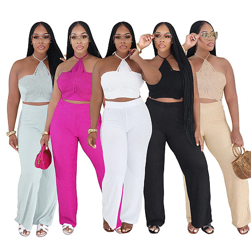 Solid-Color Halter Bandeau Top & Straight-Leg Pants Set CYA-902385