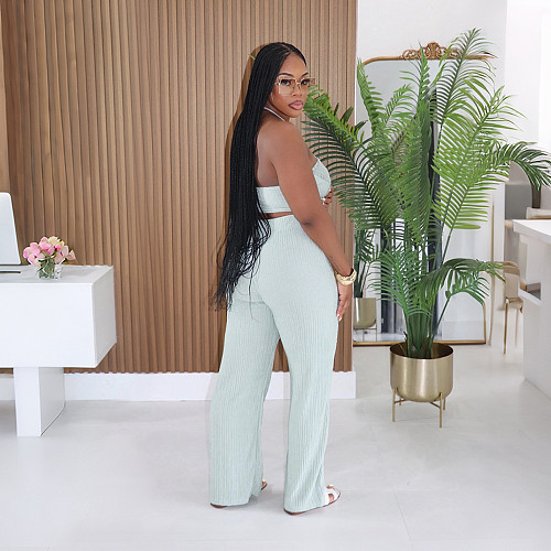 Solid-Color Halter Bandeau Top & Straight-Leg Pants Set CYA-902385