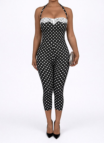 Sexy Halter-Neck Polka-Dot Jumpsuit With Lace Trim and Tie Details NIYA-8212