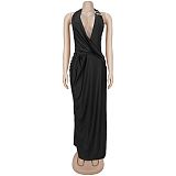 Sexy Deep V-Neck Halter Dress With Open Back and Bodycon Fit BY-7715