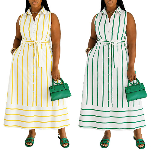 Stylish Striped Sleeveless Shirt Dress With Lapel Collar and Waist Tie HANI-TY038