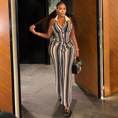 Stylish Striped Print V-Neck Button-Up Cardigan & Trousers Two-Piece Set JY-919171