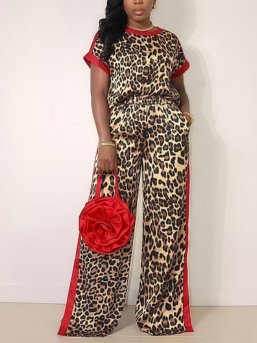 Casual Leopard Print & Contrast Color Two-Piece Set Short-Sleeve Top and Wide-Leg Pants HANI-TY031
