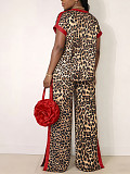 Casual Leopard Print & Contrast Color Two-Piece Set Short-Sleeve Top and Wide-Leg Pants HANI-TY031