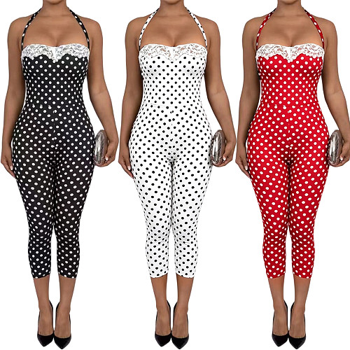 Sexy Halter-Neck Polka-Dot Jumpsuit With Lace Trim and Tie Details NIYA-8212