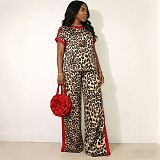 Casual Leopard Print & Contrast Color Two-Piece Set Short-Sleeve Top and Wide-Leg Pants HANI-TY031